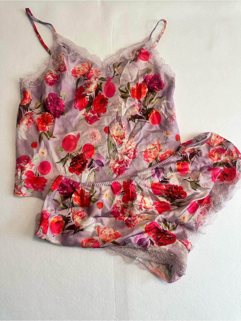 Victoria's Secret Satin Pajama Set Floral Lace Trim Cami & Shorts